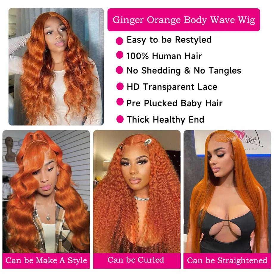 Colored Orange Ginger Lace Front Wigs Human Hair Body Wave 13x6 HD Lace Frontal Wig Loose Wave Brazilian Transparent Lace Wig